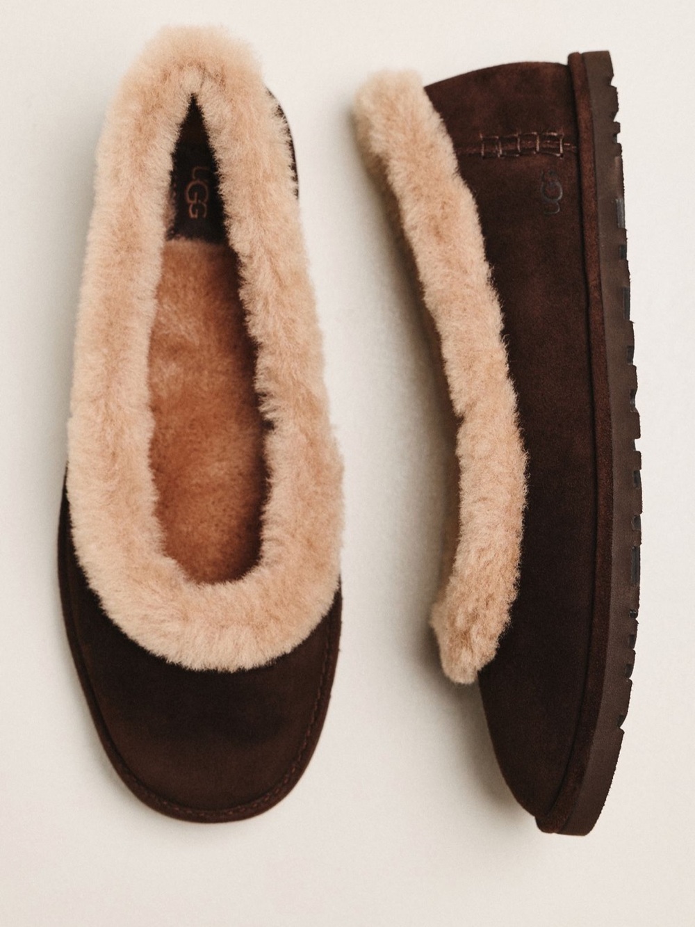 UGG Women's Zora Brown Suede Shearling-Trim Slip-On Ballet Flats, Dusted Cocoa